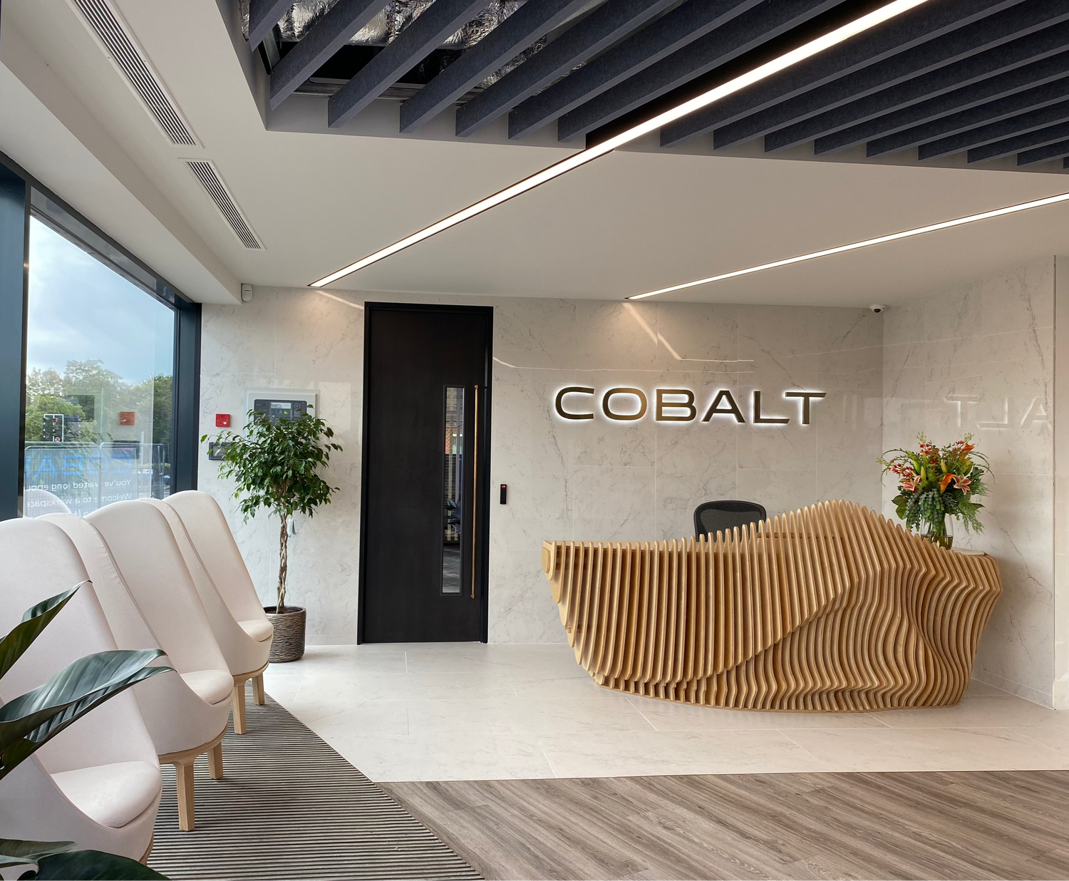 Reception Signage reception desk reception furniture office Lighting tiling in Reception interior design. Works completed by CARGO® interiors Cardiff